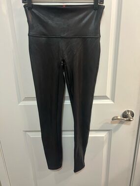 SPANX Faux Leather Leggings Women’s L Black High Waisted Shaping Slim Pull On